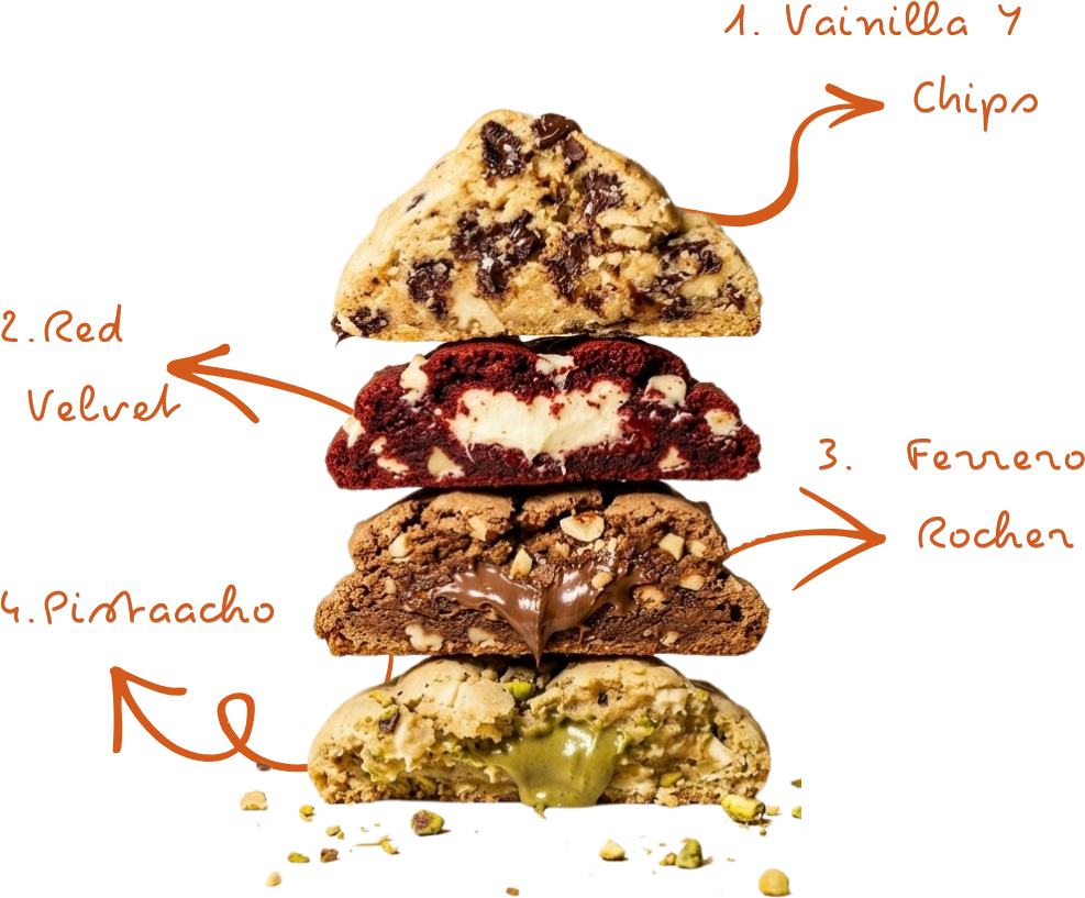 Las cuatro cookies de Doña Joba: 1. Vainilla y Chips, 2. Red Velvet, 3. Ferrero Rocher, 4. Pistacho